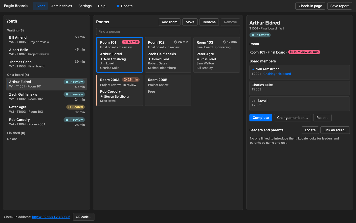 The Java version’s Event page in dark mode, mid-event: the Youth list stacks three youth waiting, four on a board and none finished; over the room cards is a Find a person box, and the cards show Arthur Eldred’s final board in room 101 overdue at 49 minutes, with an alarm clock on a pink-red fill, and a proposal review in 200A running long at 28 minutes, with a timer clock on an orange tint; the details pane on the right shows Arthur Eldred’s board chaired by Neil Armstrong, ready to complete