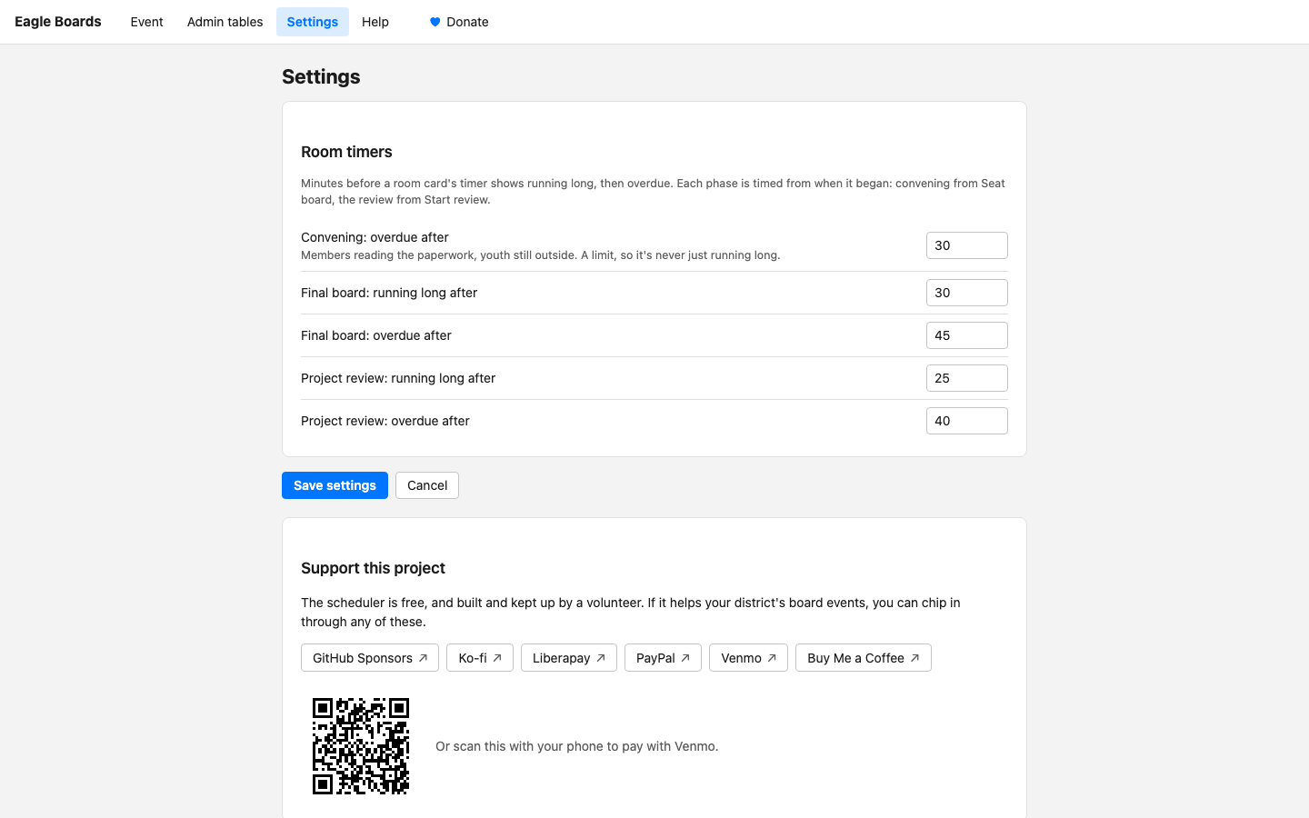 The Settings page: the five room timer times, and the list of ways to support the project with a Venmo QR code