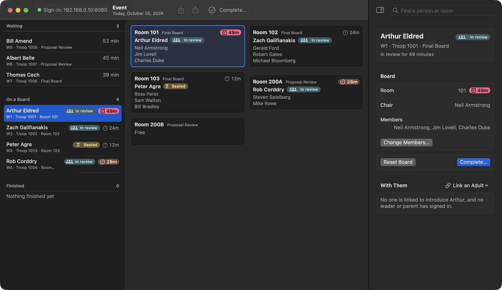 Eagle Boards for Mac in dark mode, mid-event: the youth list stacks three Scouts waiting, four on a board and none finished; the room cards beside it show Arthur Eldred’s final board in room 101 overdue at 49 minutes and Rob Corddry’s proposal review in 200A running long at 28 minutes, each board’s members one per line; the inspector on the right shows Arthur Eldred’s board chaired by Neil Armstrong, with Change Members, Reset Board, and Complete