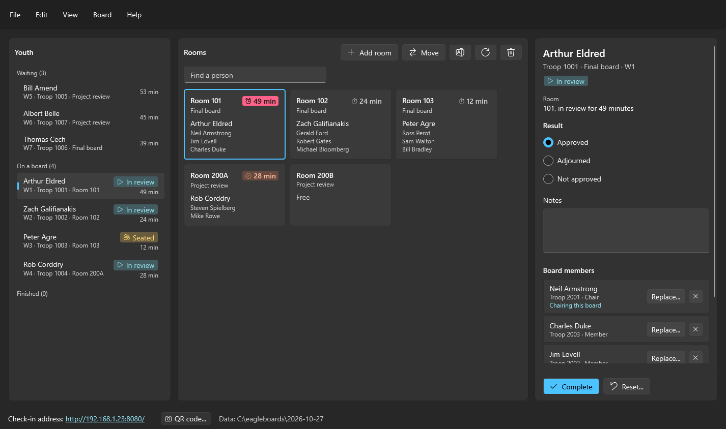 Eagle Boards for Windows in dark mode, mid-event, with the File, Edit, View, Board, and Help menus across the top: the Youth list holds every youth, three waiting, four on a board and none finished yet; the Rooms panel, with Find a person above it, shows room 101’s final board overdue at 49 minutes, an alarm clock on a solid pink-red fill, and room 200A’s proposal review running long at 28 minutes, a timer clock on an orange tint, while the other rooms show a stopwatch; the details pane on the right shows Arthur Eldred’s board in review, its Result and Notes above the members, Neil Armstrong chairing, with Complete at the pane’s foot