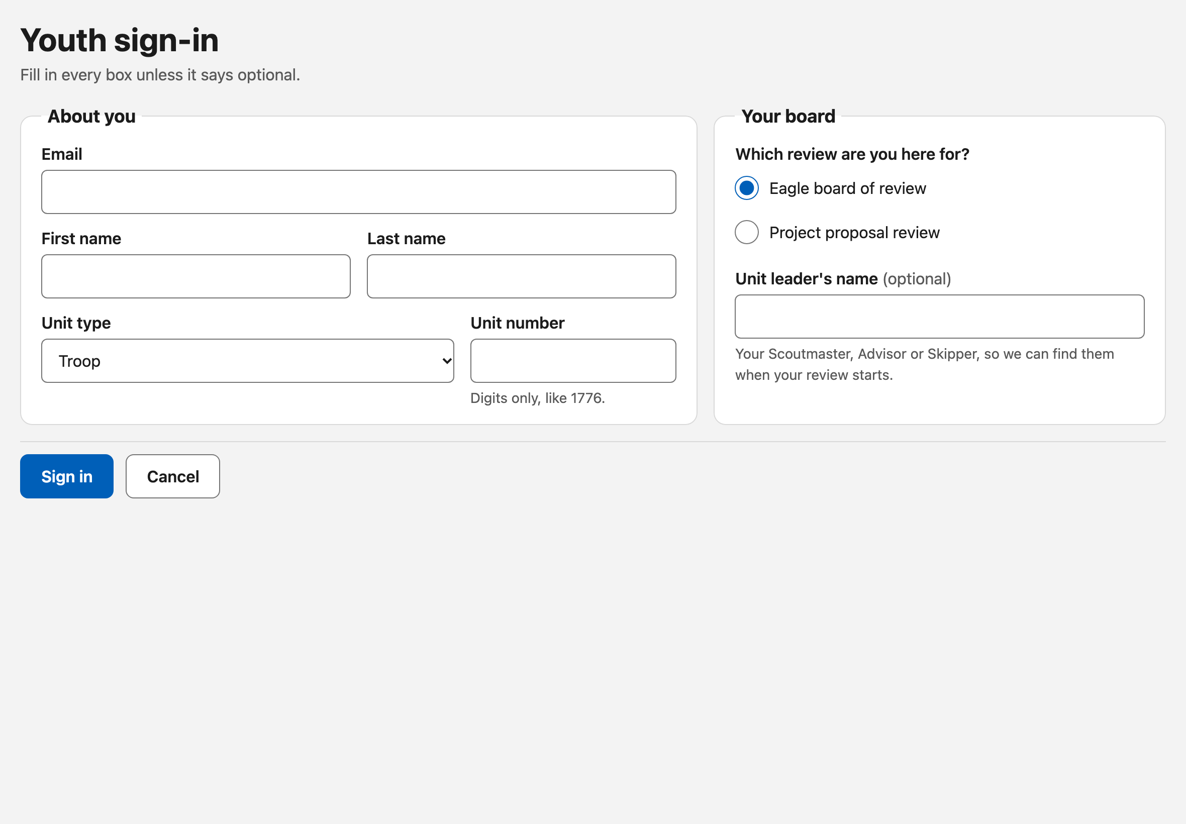 The youth sign-in form: email, first and last name, unit type and number, a choice between an Eagle board of review and a project proposal review, and an optional unit leader’s name